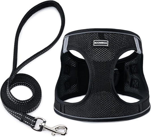 BOOMIBOO Dog Harness with Leash Set, No Pull Adjustable Reflective Step-in Puppy Pet Vest Harnesses for Small Medium Large Dogs and Cats,Black XS