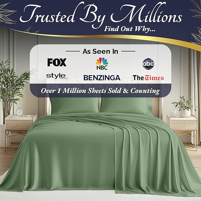 DECOLURE 100% Viscose Derived from Bamboo Sheets Full Size 4pcs - Ultra Soft & Luxuriously Cooling, 17" Deep Pocket, Double Stitching, Perfect for Hot Sleepers - Full Bed Sheets (Sage Green)