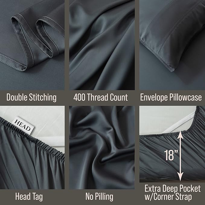 Bella Coterie Luxury Bamboo Viscose Cal King Size Sheet Set | 100% Organically Grown | Ultra Soft | Cooling for Hot Sleepers | 18" Deep Pocket [Charcoal Grey]