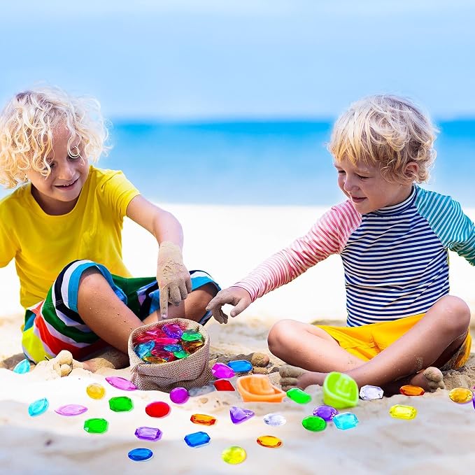 150 Pcs Pool Diving Gems Toys Colorful Pirate Treasure Jewels | Fake Acrylic Gems, Plastic Diamonds Gemstones with a Burlap Bag, Vase Filler, Summer Beach Toys, Pirate Party Favors Decor