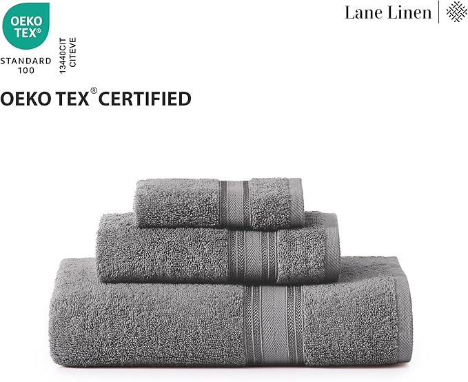 LANE LINEN Towel Set of 12 – 100% Mercerized Cotton, Zero Twist, 4 Large Bath Towel, 4 Hand Towels & 4 Wash Cloths, Quick Dry & Long-Lasting, Perfect for Family Bathrooms, Easy Care – Cool Grey