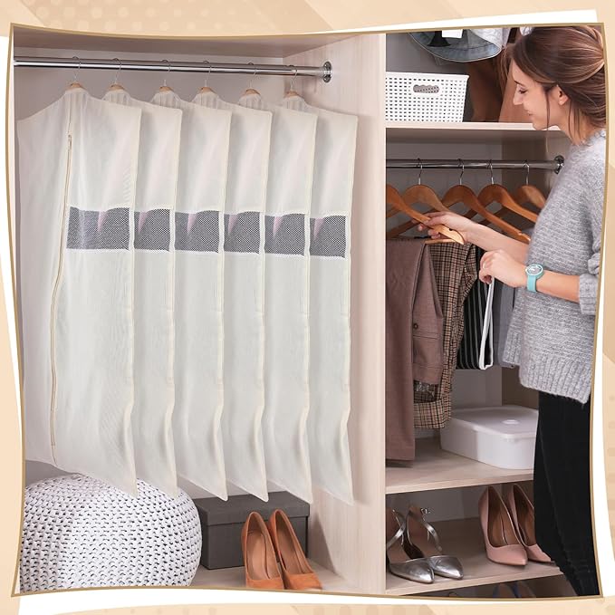 Aliceset 6 Pcs 24 x 40 Inches Cotton Garment Bags for Hanging Clothes, Canvas Suit Bags for Clothes Coats Jackets Shirts Closet Storage Travel Gusseted Hanging Garment Cover