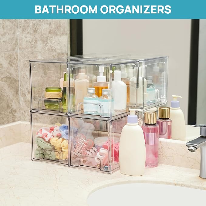 Vtopmart 6 pack Stackable Storage Drawers, 6.6''Tall Acrylic Bathroom Makeup Organizers,Clear Plastic Drawers For Vanity, Undersink, Kitchen Cabinet,Pantry Organization and Storage