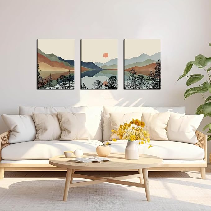 AKWISH Framed Mountain Canvas Wall Art Set of 3, Boho Watercolor Poster Prints