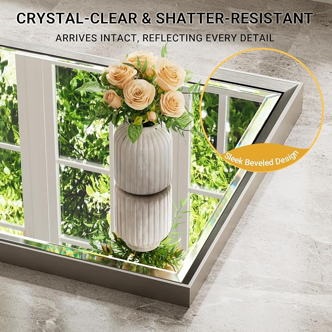 Brushed Nickel Bathroom Mirror, 30x36 Inch Beveled Framed Bathroom Mirror