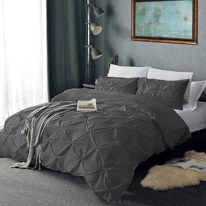 Pinch Pleated Duvet Cover Set 100% Cotton 3PC Full Size 80x90 Duvet Cover Set, Decorative Pinch Design Dark Grey Duvet Cover with Matching Pillow Case