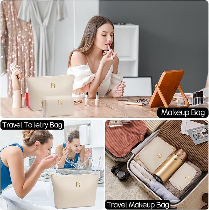 Valentine's Day Gifts for Women Girlfriend Initial Makeup Bag for Teen Girls Personalized Gifts for Friend Teacher Mom Wife Cosmetic Travel Toiletry Bag(Beige,R)