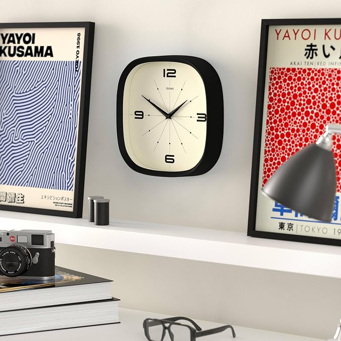JONES CLOCKS® Pulsar wall Clock | Square Rounded Retro Clock | 10 inch | Black