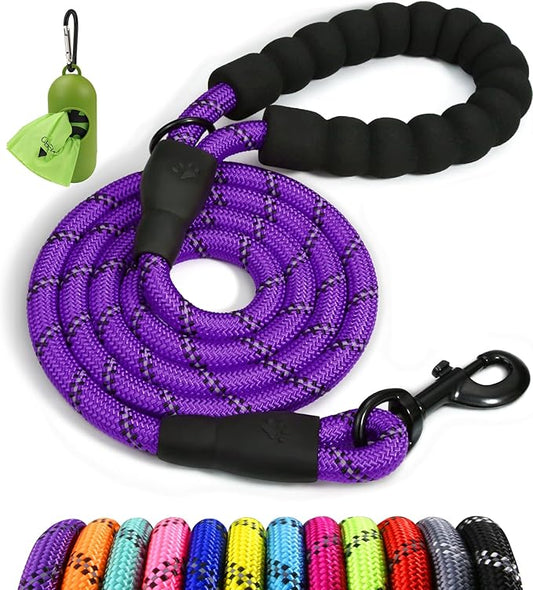 Taglory Rope Dog Leash 6 FT with Comfortable Padded Handle, Highly Reflective Threads Leash and Anti-Tangle Clip for Walking Small Dogs, 3/8 inch, Purple