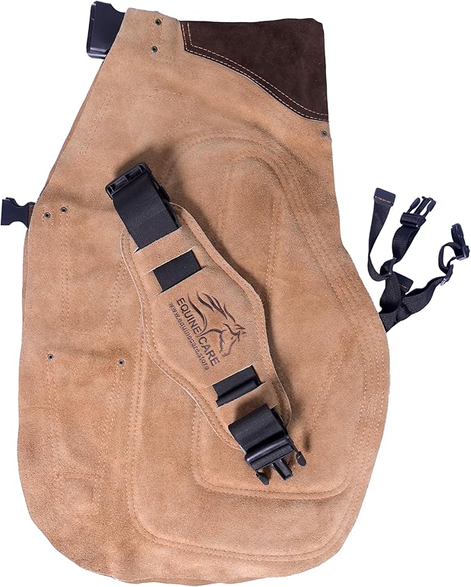 Equine Care Farrier Apron Chaps – Cowhide Suede Leather, Foam Padded Thigh and Back Support, Adjustable Waist, Tool Pockets, Magnetic Nail Holders (29 inches (70 cm))