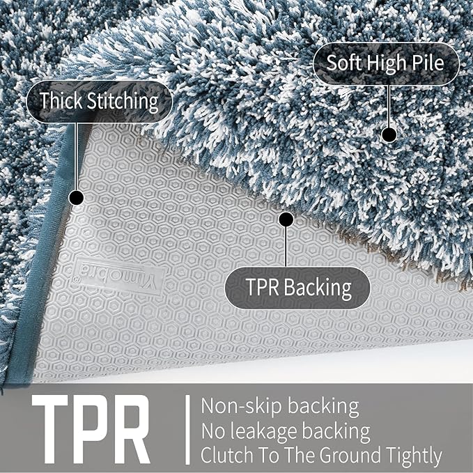 Yimobra Luxury Bathroom Rugs, Fluffy Bath Mats, Non Slip, Water Absorbent Microfiber, Machine Washable, Plush Runner Shower Rugs, Thick Matts for Bathroom Floor&Tub, 56"x 24", Denim Blue and White