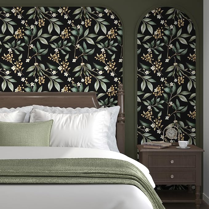 Black Green Floral Peel and Stick Wallpaper, 17.5" x 197" Vintage Dark Green