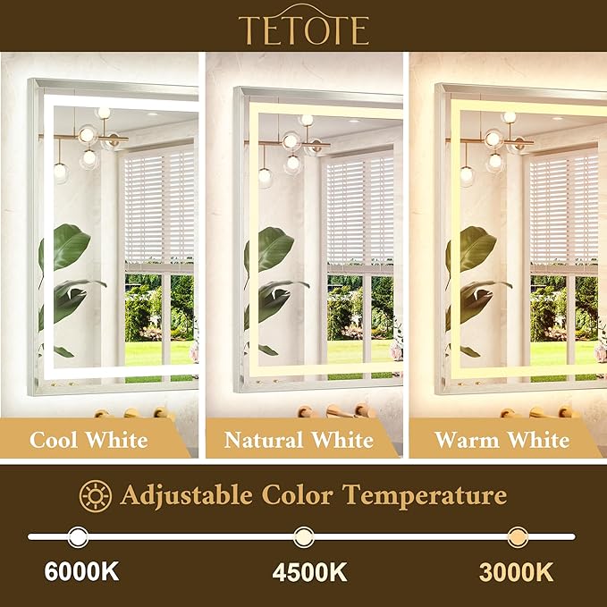 TETOTE 60 x 30 Large Bathroom Mirror Brushed Bright Nickel Metal Frame Frontlit & Backlit Vanity Mirror 3 Colors White/Warm/Natural Stepless Dimmable Anti-Fog Bathroom Mirrors for Vanity Wall-Mounted