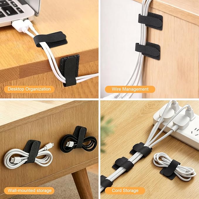 200pcs Hook and Loop Cable Straps,Under Desk Cable Management,Adjustable Cord Organizer for Desk Home Office Organization (Black)