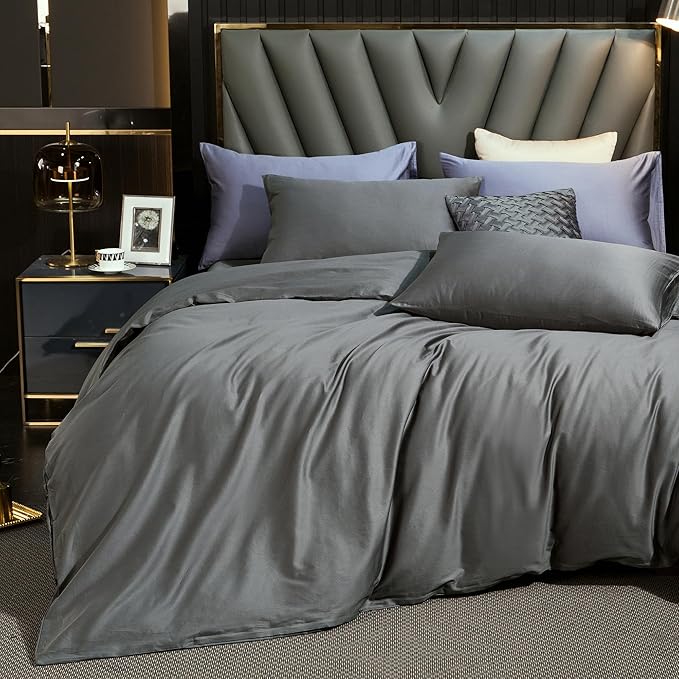 MooMee Duvet Cover Set 100% Extra Long Staple Cotton 600 Thread Count Silky Sateen Smooth Luxury Soft Breathable Durable Hotel Quality Bedding, 3 Pieces (Dark Gray, King 104"x90")
