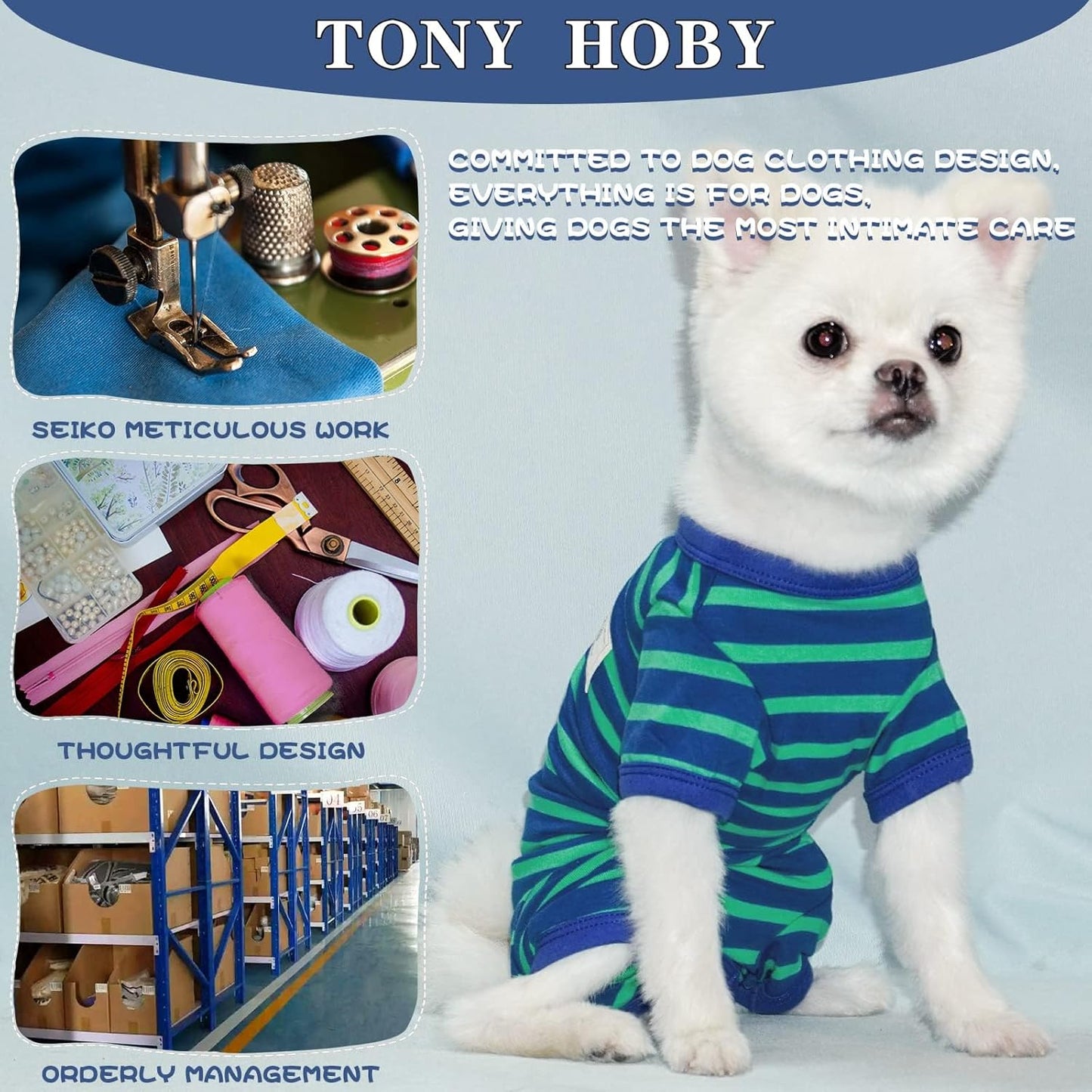 TONY HOBY Dog Pajamas for Female/Male, Dog Jumpsuit with Stripes for Small Medium Dogs, Soft and Comfortable 4 Legged Pajamas Dogs Clothes (Blue&Green, Boy, XS)