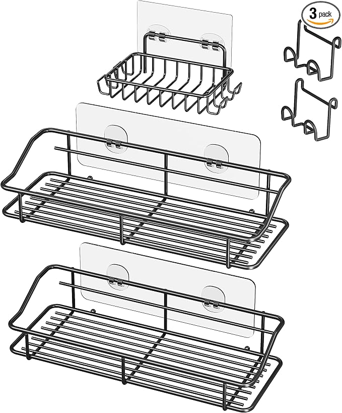 Nieifi Shower Caddy Shelf with Hooks Storage Rack Organizer Adhesive Stainless Steel without Drilling for Bathroom, Lavatory, Washroom, Restroom, Shower, Toilet, Kitchen (Black, 3 Pack)