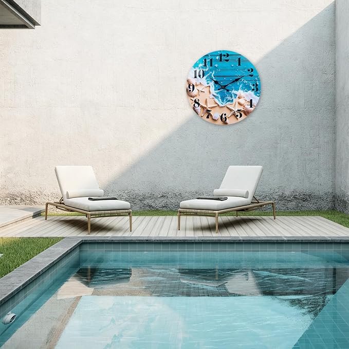 Indoor/Outdoor Clocks Waterproof, Glass Rustic Beach Decor Wall Clock
