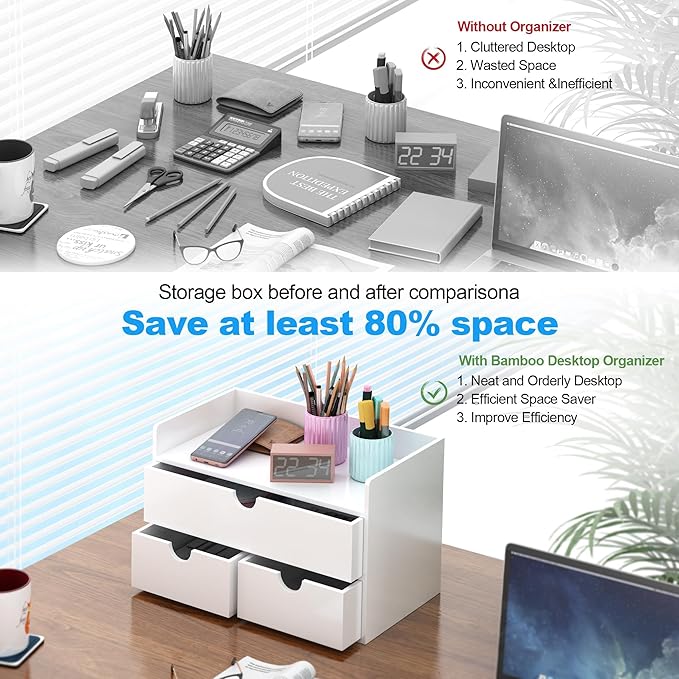 Wisuce Bamboo Desk Organizer - Mini Bamboo Desk Drawer Tabletop Cosmetic Storage Organization for Office or Home White with Shelf