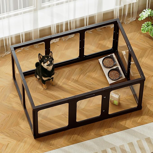 Acrylic Dog Playpen Indoor, 10 PCS Plastic Puppy Playpen with Door, Clear PlayPen for Dog Cat Rabbit Ferret, Preferable Small Dog Cage, Easy Assemble Pet Pen, 50" L x 33.5" W x 24" H, Black