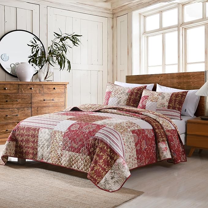 Yvooxny Quilt Set Queen Bedspread Country Farmhouse Cottage Vintage Ditsy Floral Paisley Style Reversible Lightweight Coverlet Set Real Patchwork Quilt for All Seasons, Antique Rose, Queen Size