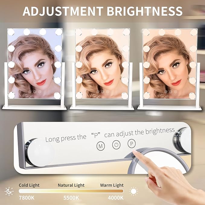 Hollywood Vanity Mirror with Lights, 12 Dimmable LED Bulbs Lighted Makeup Mirror with Detachable 10X Magnification Mirror, 1000mAh Rechargeable, 3 Color Lights, Touch Control