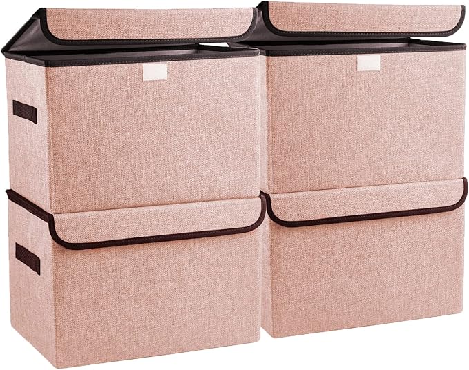 Linen Fabric Foldable Storage Cube Bin Organizer Basket with Flip-Top Lid & Handles, Large Clothes Blanket Box for Home, Office, Closet, Pink, 4 Pack 14.6 x 9.5 x 9.5”