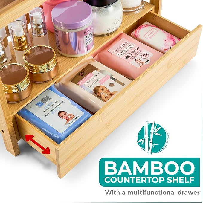 Sorbus Bamboo Bathroom Counter Organizer – 2-Tier Shelf with Hidden Drawer for Vanity, Matcha Station, Bathroom Sink Organizer Countertop, Kitchen & Office Storage (17″ L x 6.5″ W x 12.6″ H)