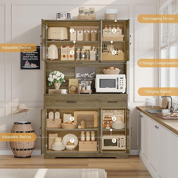 HOSTACK 71" Pantry Cabinet with Charging Station, Tall Kitchen Pantry Storage Cabinet with Microwave Stand, Farmhouse Kitchen Hutch with Storage Drawers for Living Room, Dining Room, Rustic Brown