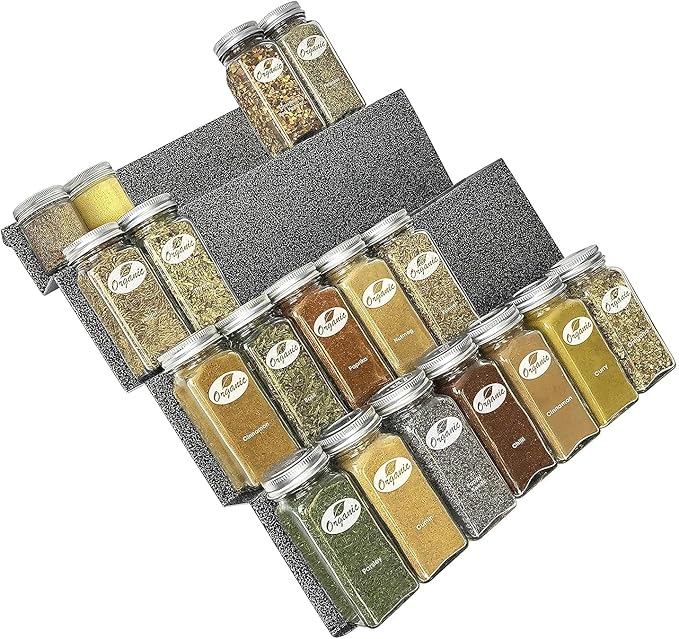 LYNK PROFESSIONAL® Spice Drawer Organizer - Heavy Gauge Steel 4 Tier Rack - Drawer Insert Tray for Jars, Herbs and Seasoning - Kitchen Cabinet Storage - Silver Metallic, Large