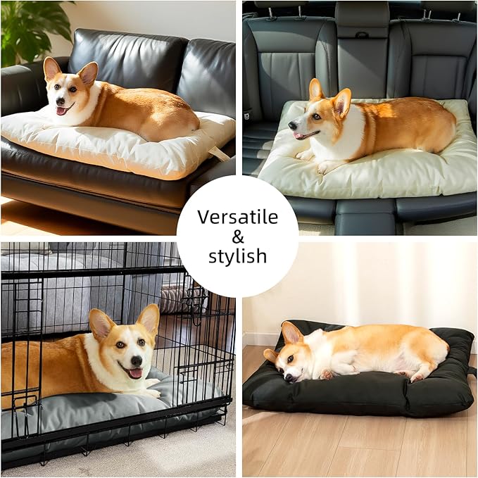 Chew Resistant Dog Bed for Small/Medium Dogs - Durable 29"x18" Kennel Pad with Soft Plush Filling, Machine Washable Crate Mat for Aggressive Chewers, Indoor Outdoor Pet Bed, Beige