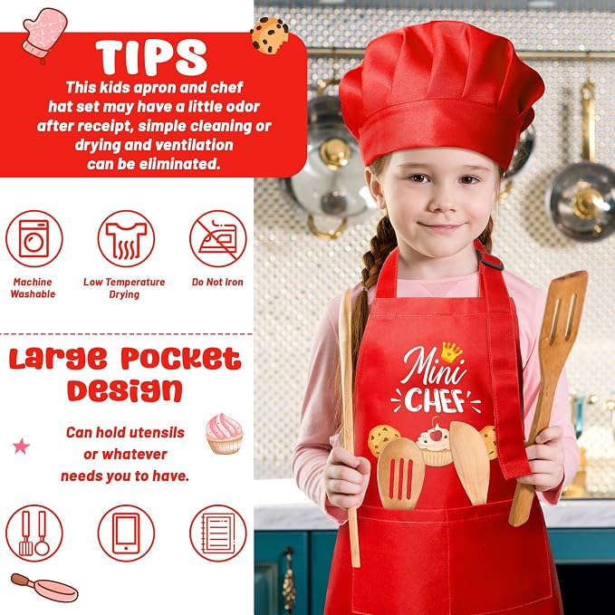 R HORSE 2 Pieces Kid Apron and Chef Hat Set, Dress up Pretend Play Toy | Red Mini Chef Adjustable Children Kitchen Apron with Pockets, Ideal for Cooking, Baking, Painting, Cooking Birthday Gift