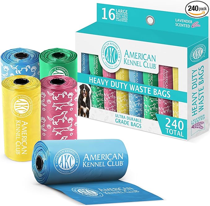 AKC Dog Poop Bags - Leak Proof Pet Waste Bags - 16 Refill Rolls - Lavender Scent - 240 Count (Puppy Print)