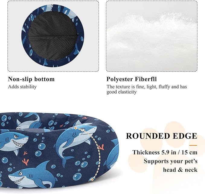 Burbuja Sharks Donut Pet Bed, Calming Soft Dog Bed with Anti-Slip Bottom, Round Cuddler Support for Dogs & Cats, Washable 20 in