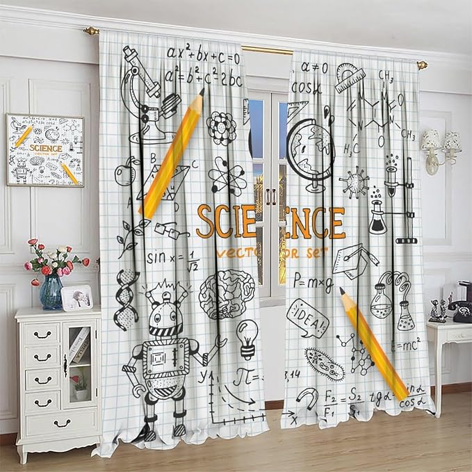Science Symbols Kids Curtain Sketches Cartoon Chemistry Physics Geometry Education Pattern Print Window Drapes for Bedroom Living Room Kitchen Decor,2 Panel Set,63x72 Inch Blackout