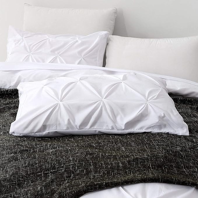 Pinch Pleated Duvet Cover Set 100% Cotton 3PC Oversize Plus Size 128x120 Duvet Cover Set, Decorative Pinch Design White Duvet Cover with Matching Pillow Case
