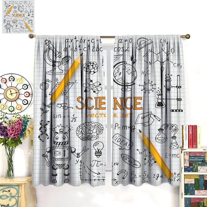 Science Symbols Kids Curtain Sketches Cartoon Chemistry Physics Geometry Education Pattern Print Window Drapes for Bedroom Living Room Kitchen Decor,2 Panel Set,52x84 Inch Blackout