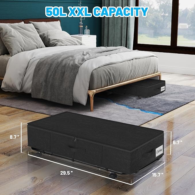 Large Sturdy Under Bed Storage with Wheels, 2 Pack 50L Rolling Underbed Storage Bins, Under Bed Containers Drawer with Metal Bottom Support, Bedroom Organizer with Lids for Clothes, Shoes, Blankets
