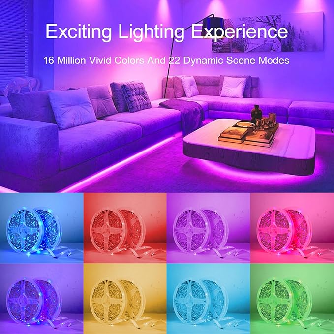 50 FT LED Lights For Bedroom, Music Synchronized RGB Color Changing LED Strip