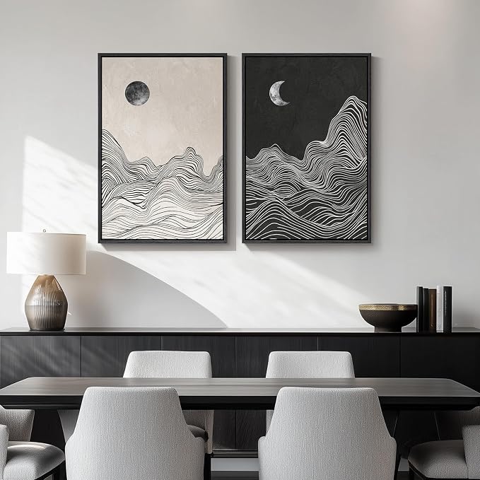 Framed Black and White Abstract Wall Art, 2 Piece Modern Canvas Prints