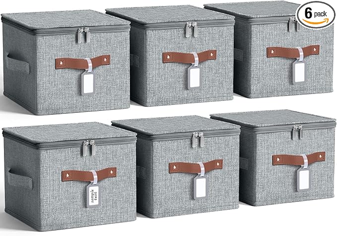 6 Pack Fabric Closet Storage Bins with Zipper Lids and Label, 15x10x10In Large Size Foldable Cotton Linen Storage Cubes Boxes with PU Leather Handles Holders for Bedroom, Shelf, Nursery, Gray