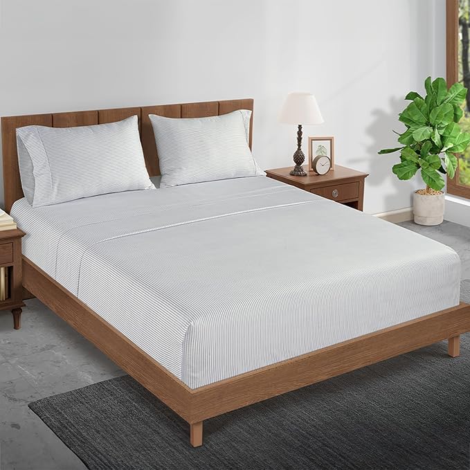 LANE LINEN Queen Bed Sheets - Pemium 450 Thread Count Long Staple 100% Cotton Sheets Queen Size Bed Set, Hotel Luxury Sateen Finish, 15" Deep Pocket Fitted Sheet, Cool & Durable - Ticking Stripe