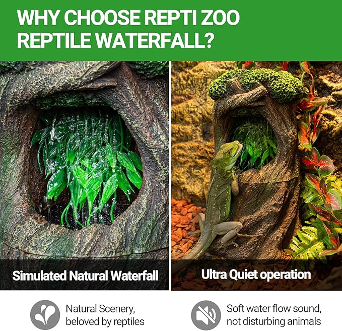 REPTI ZOO Reptile Waterfall Drinking Fountain with Food Dish, 1000ML Large Reptile Terrarium Water Dispenser for Bearded Dragon Chameleon Gecko Lizard Tree Frog