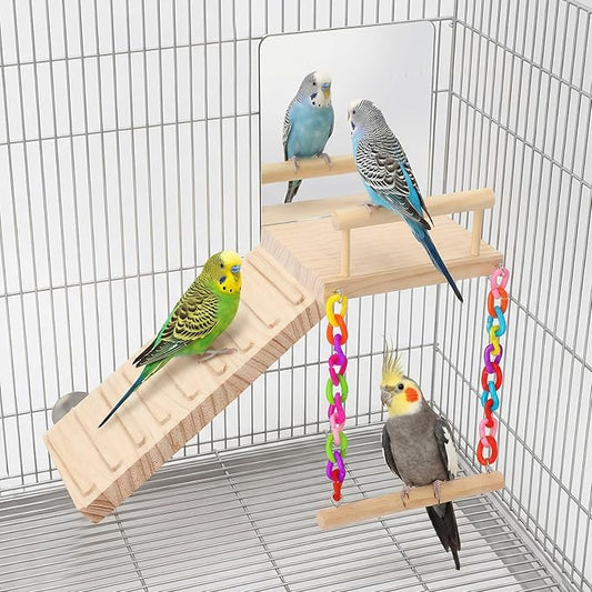 Bird Perch Platform Toy Set (Includes Mirror, Climbing Ladder, and Swing) - Wooden Play Frame, Parrot Cage Accessories, Suitable for Budgerigars, Lovebirds, Canaries, and Various Other Birds