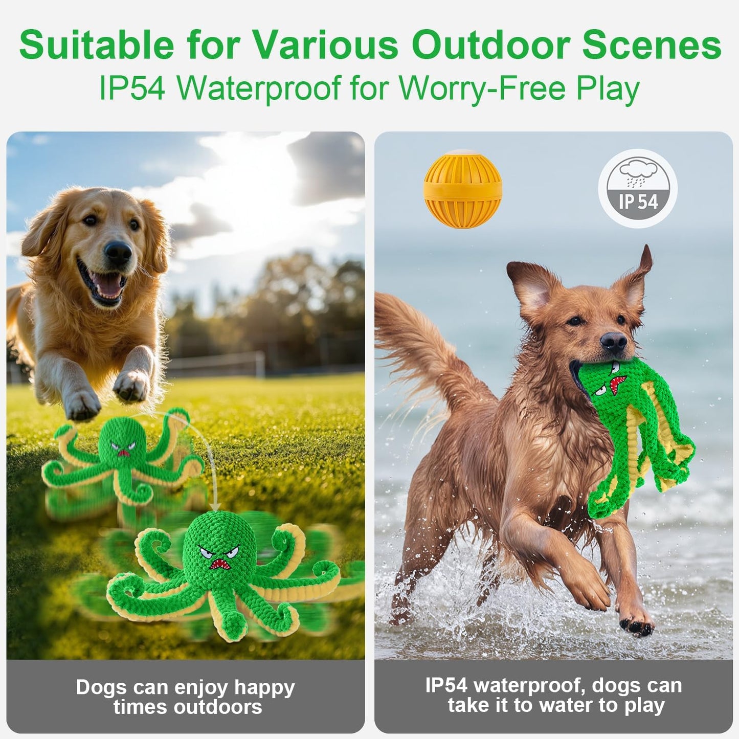 Interactive Dog Toys Octopus,Durable Automatic Jumping Dog Toy to Keep Them Busy,Squeaky Moving Tug of War Doggie Toy,USB Rechargeable Puppy Toys (Green)