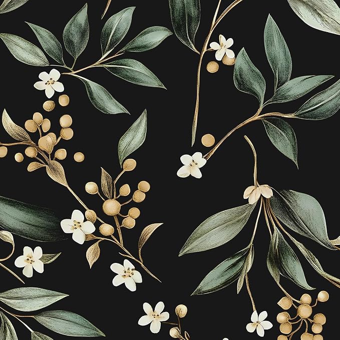 Black Green Floral Peel and Stick Wallpaper, 17.5" x 197" Vintage Dark Green