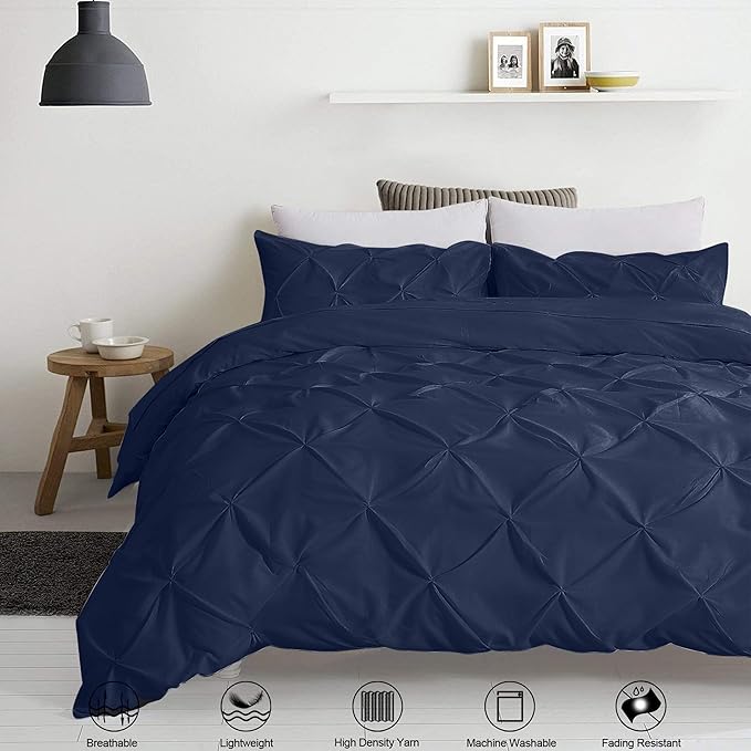 Pinch Pleated Duvet Cover Set 100% Brushed Microfiber 3PC Calking Size 98x104 Duvet Cover Set, Decorative Pinch Design Navy Blue Duvet Cover with Matching Pillow Case