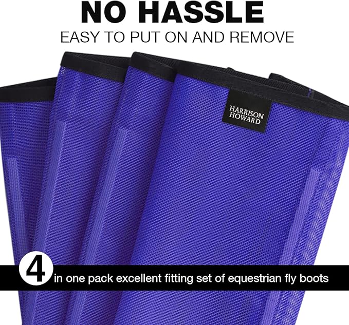 Harrison Howard Loose Fitting Fly Boots UV-Protective Extra Tough Mesh Ventilated Four Fasteners Stay-on Design Protect Horse Legs & Stomp-Reducing Set of 4 Deep Navy Pony