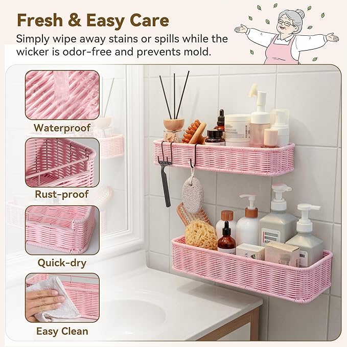 GRANNY SAYS 2 Pack Wicker Shower Caddy Hanging, Shower Shelf for Inside Showers, Adhesive Shelves for Bathroom Organizers and Storage, Bathroom Shelves Wall Mounted with 4 Hooks for Home Decor, Pink