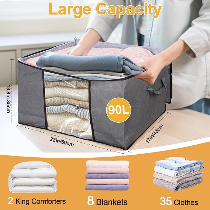 2 Pack Clothes Storage Bags, 90L Large Blanket Storage Bag Comforter Storage Bin with Reinforced Handle and Lid Foldable Closet Organizer and Storage Containers for Bedding Pillows Sheets and Duvet
